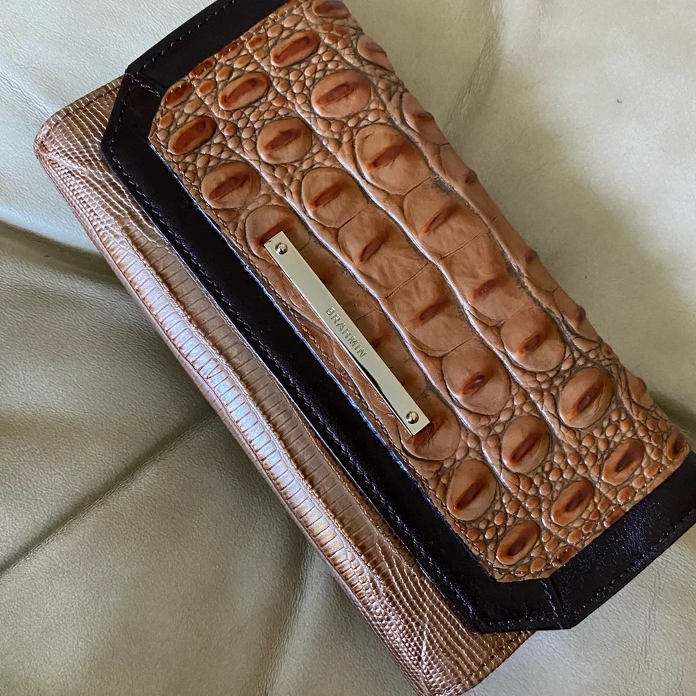 LKNW Brahmin Toasted Almond Bengal Checkbook Wallet READ! Croc Lizard